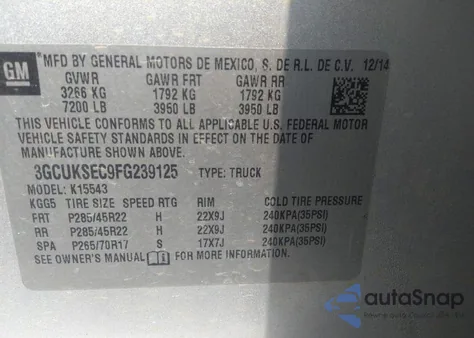 2015 Chevrolet Silverado 1500 2Lz из США, поврежденный, VIN 3GCUKSEC9FG239125